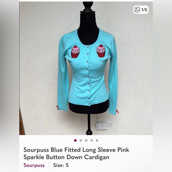 Sourpuss Teal Cardigan with Pink E.S.A.D Cupcake Embroidery - Picture 1 of 15